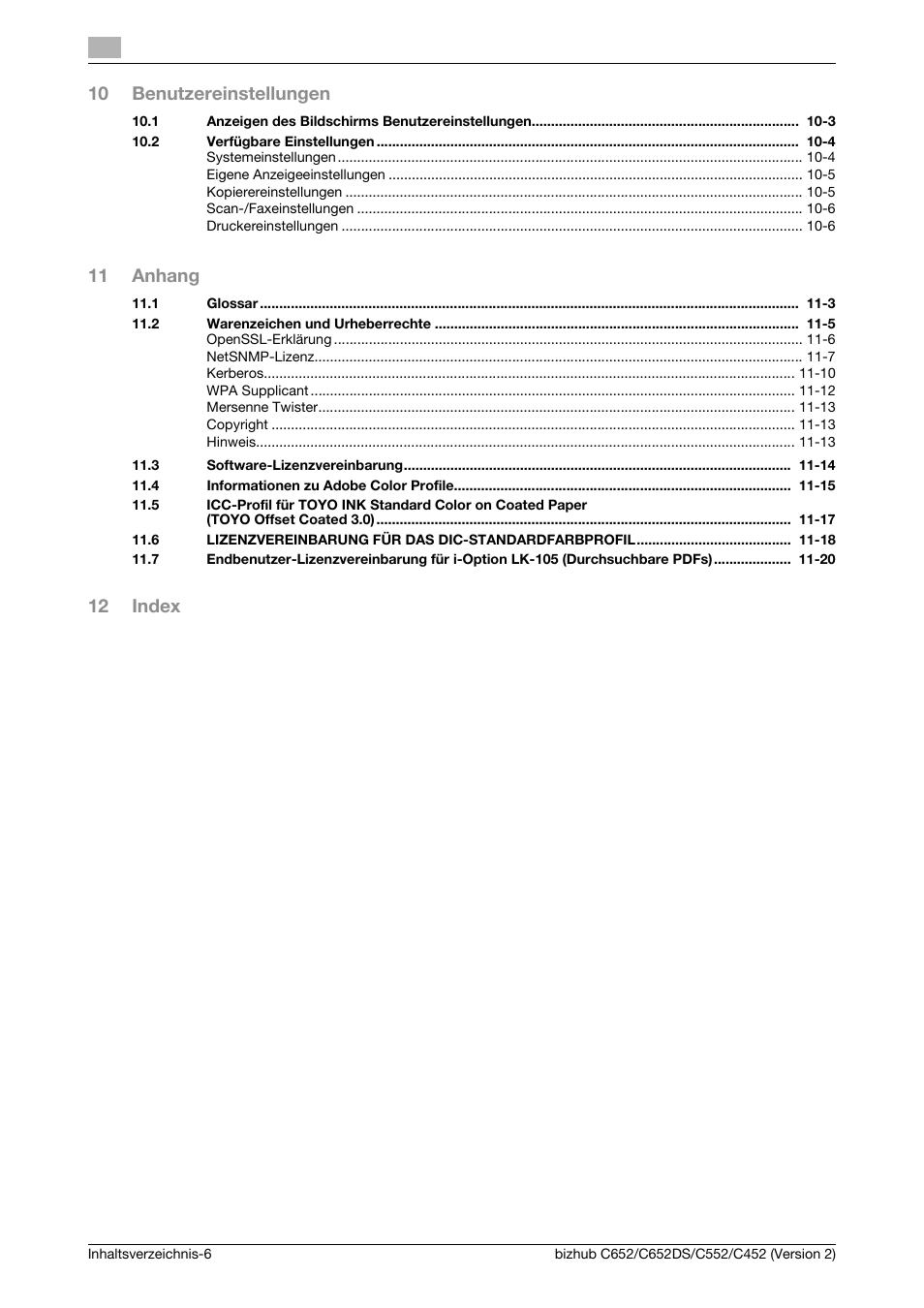 10 benutzereinstellungen, 11 anhang, 12 index | Konica Minolta BIZHUB C652DS User Manual | Page 24 / 338