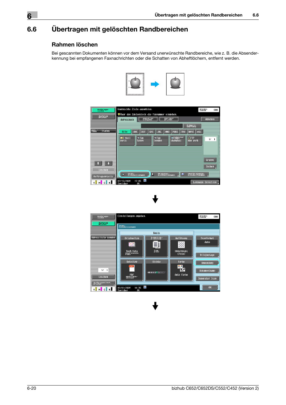 6 übertragen mit gelöschten randbereichen, Rahmen löschen | Konica Minolta BIZHUB C652DS User Manual | Page 264 / 338