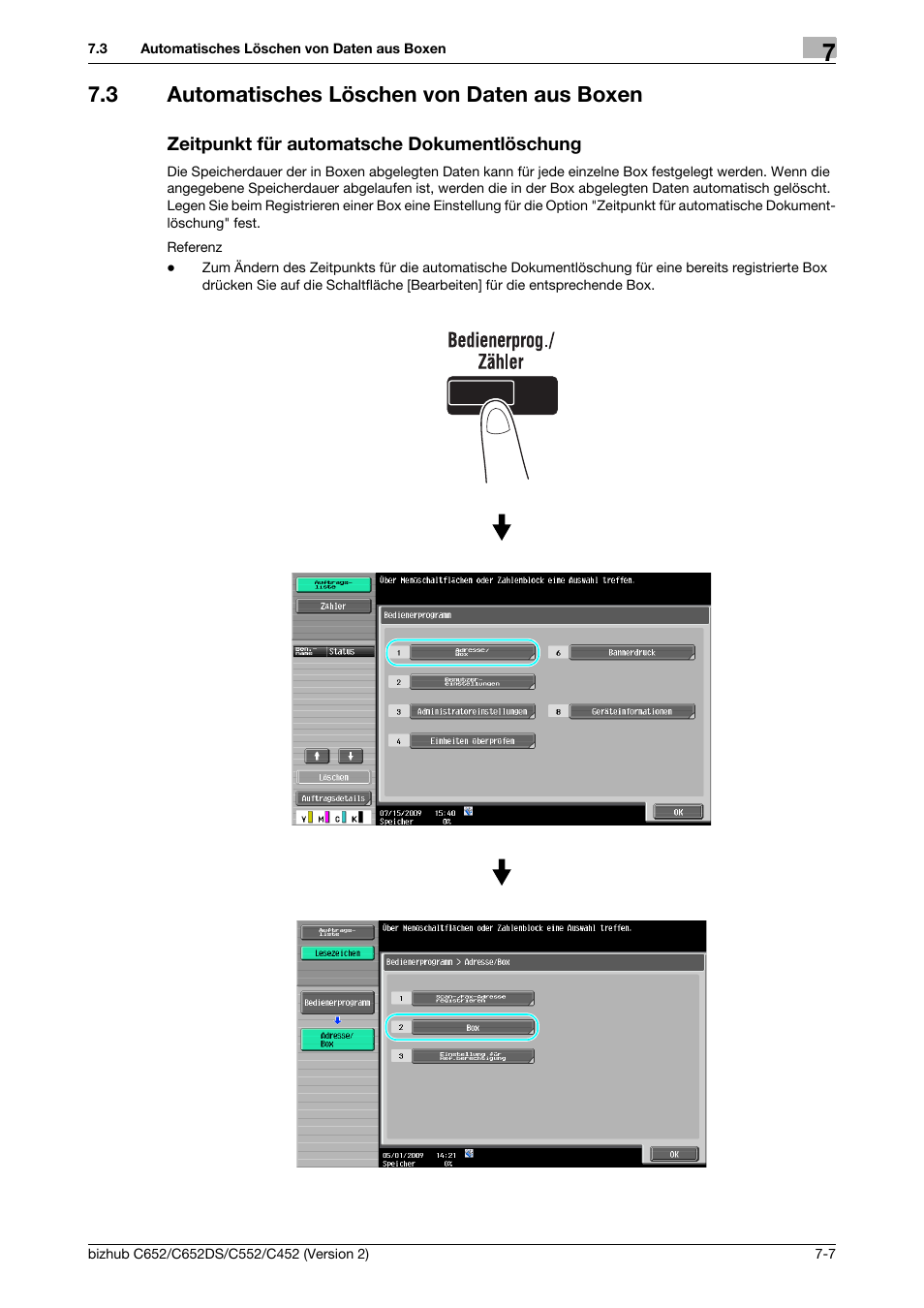 3 automatisches löschen von daten aus boxen, Zeitpunkt für automatsche dokumentlöschung | Konica Minolta BIZHUB C652DS User Manual | Page 279 / 338