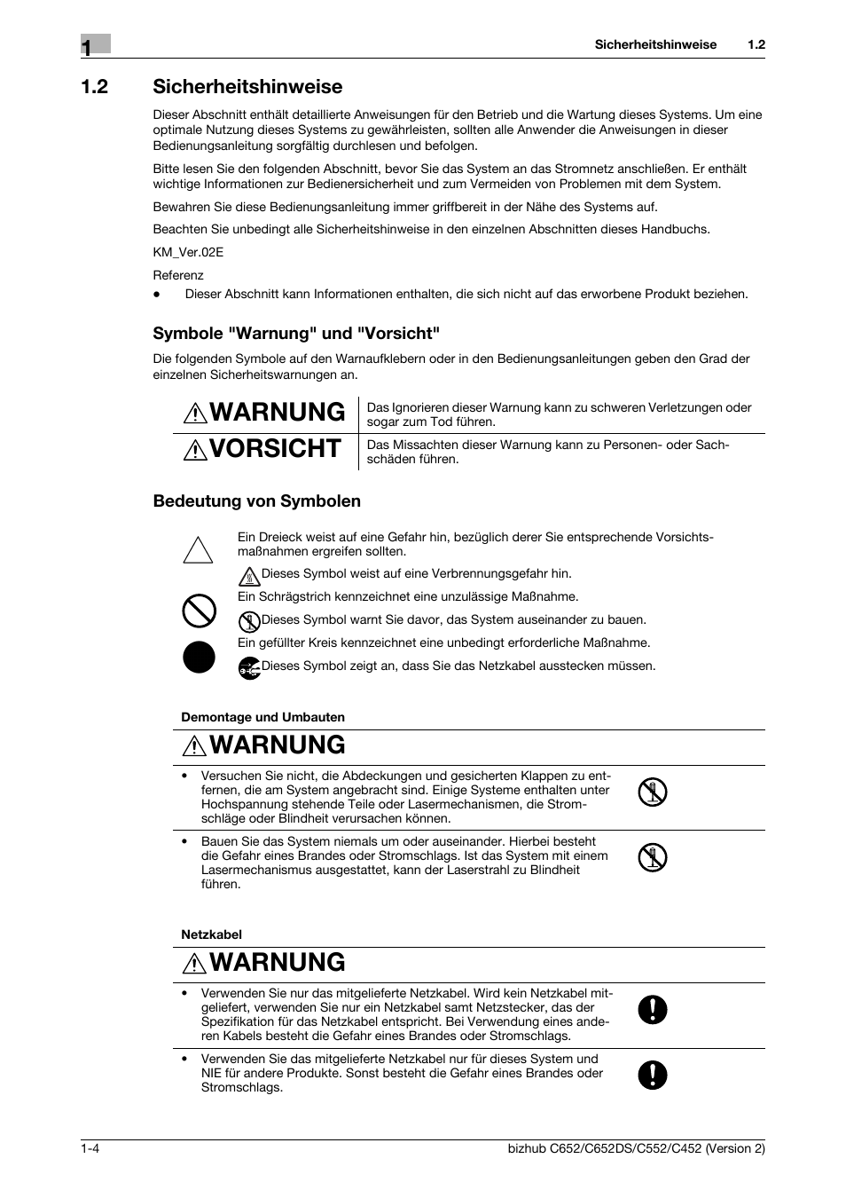 2 sicherheitshinweise, Symbole "warnung" und "vorsicht, Bedeutung von symbolen | Warnung, Vorsicht | Konica Minolta BIZHUB C652DS User Manual | Page 28 / 338