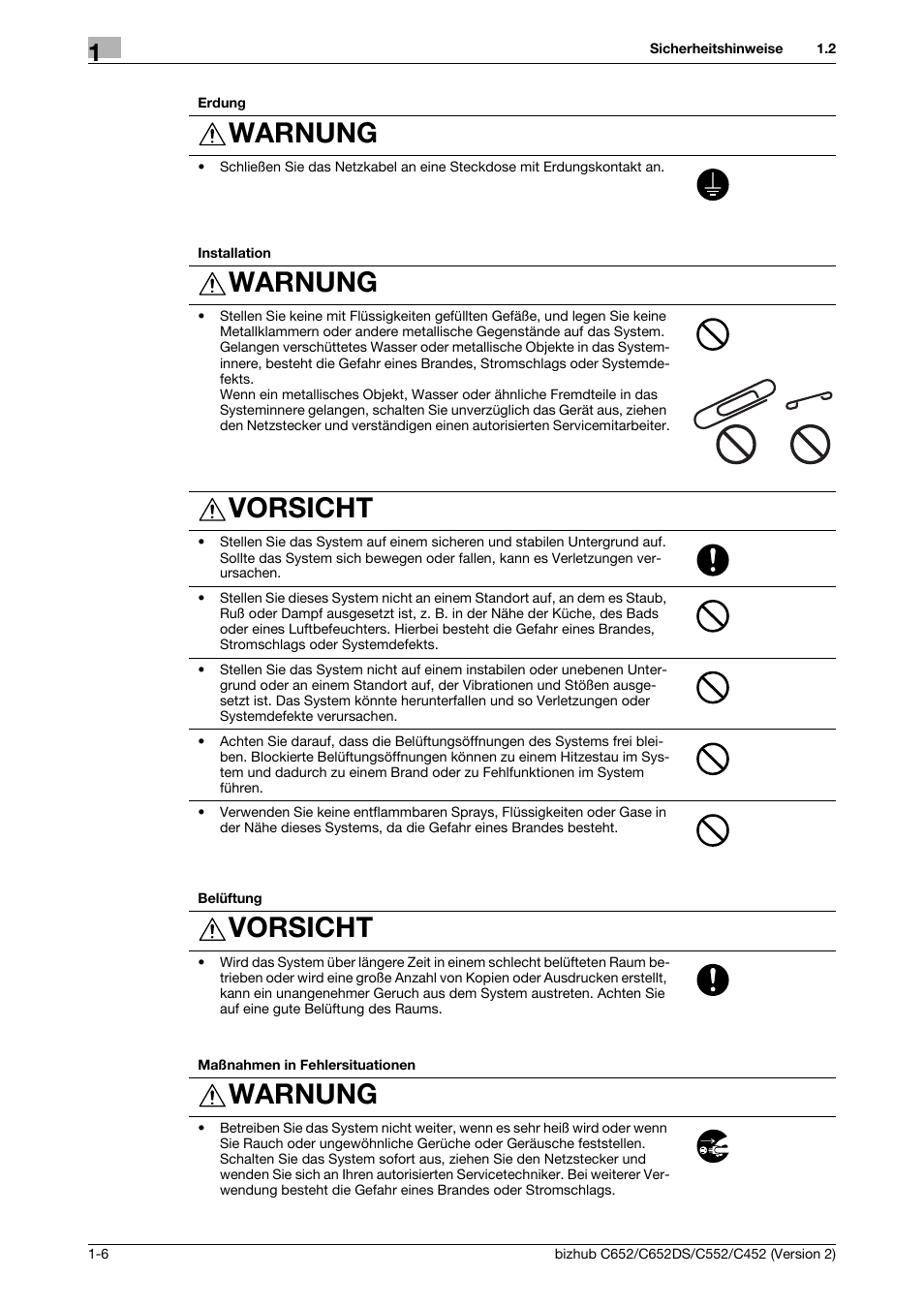 Warnung, Vorsicht | Konica Minolta BIZHUB C652DS User Manual | Page 30 / 338
