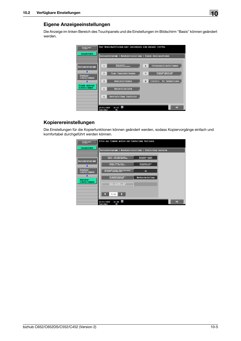 Eigene anzeigeeinstellungen, Kopierereinstellungen | Konica Minolta BIZHUB C652DS User Manual | Page 313 / 338