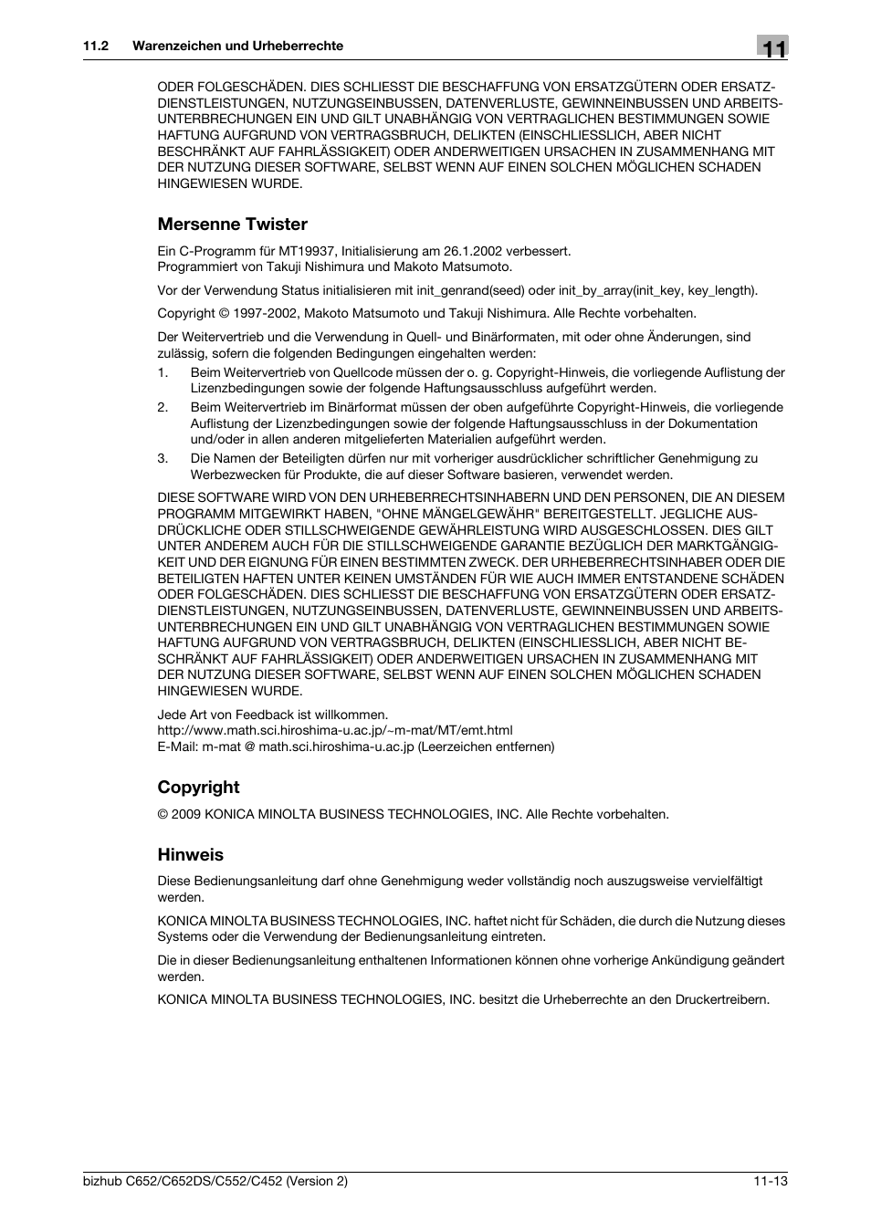 Mersenne twister, Copyright, Hinweis | Mersenne twister -13 copyright -13 hinweis -13 | Konica Minolta BIZHUB C652DS User Manual | Page 327 / 338