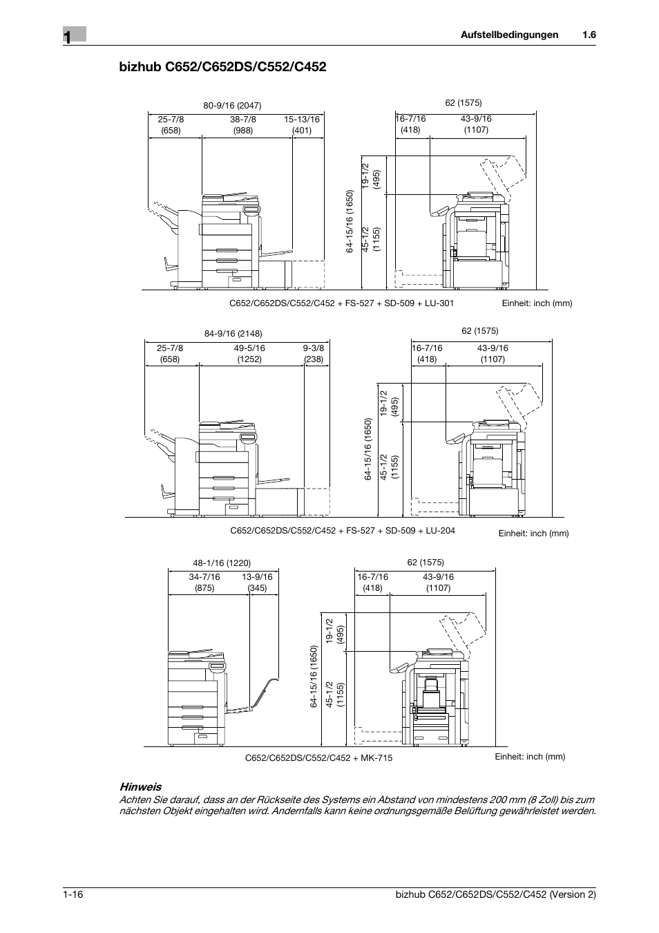 Bizhub c652/c652ds/c552/c452, Bizhub c652/c652ds/c552/c452 -16, Hinweis | Konica Minolta BIZHUB C652DS User Manual | Page 40 / 338