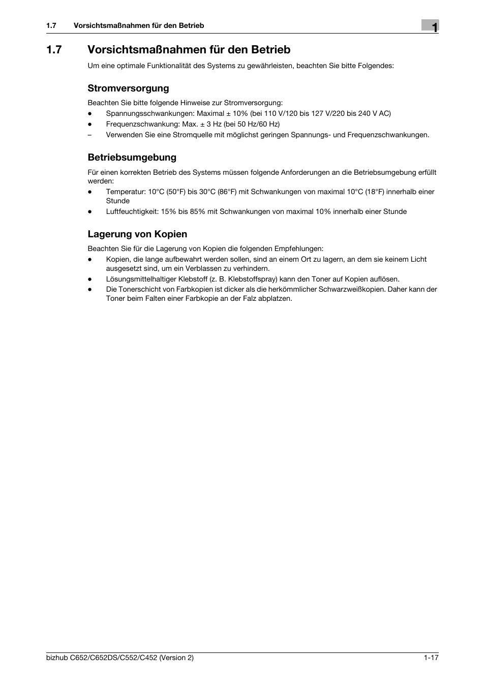 7 vorsichtsmaßnahmen für den betrieb, Stromversorgung, Betriebsumgebung | Lagerung von kopien | Konica Minolta BIZHUB C652DS User Manual | Page 41 / 338