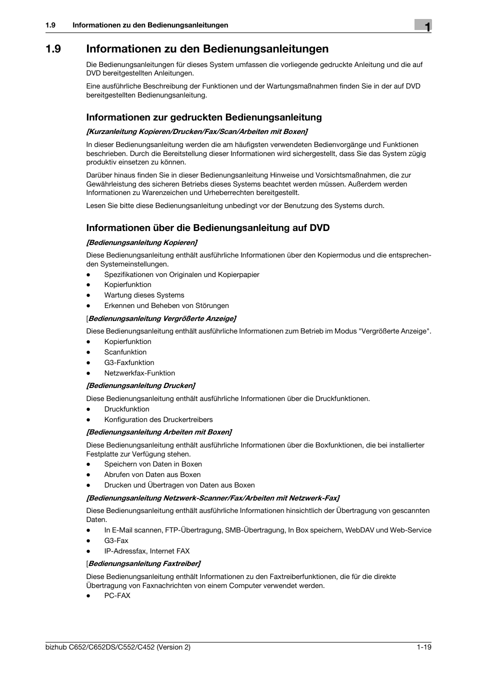 9 informationen zu den bedienungsanleitungen, Informationen zur gedruckten bedienungsanleitung, Informationen über die bedienungsanleitung auf dvd | Konica Minolta BIZHUB C652DS User Manual | Page 43 / 338