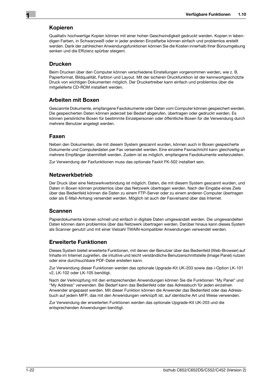 Kopieren, Drucken, Arbeiten mit boxen | Faxen, Netzwerkbetrieb, Scannen, Erweiterte funktionen | Konica Minolta BIZHUB C652DS User Manual | Page 46 / 338