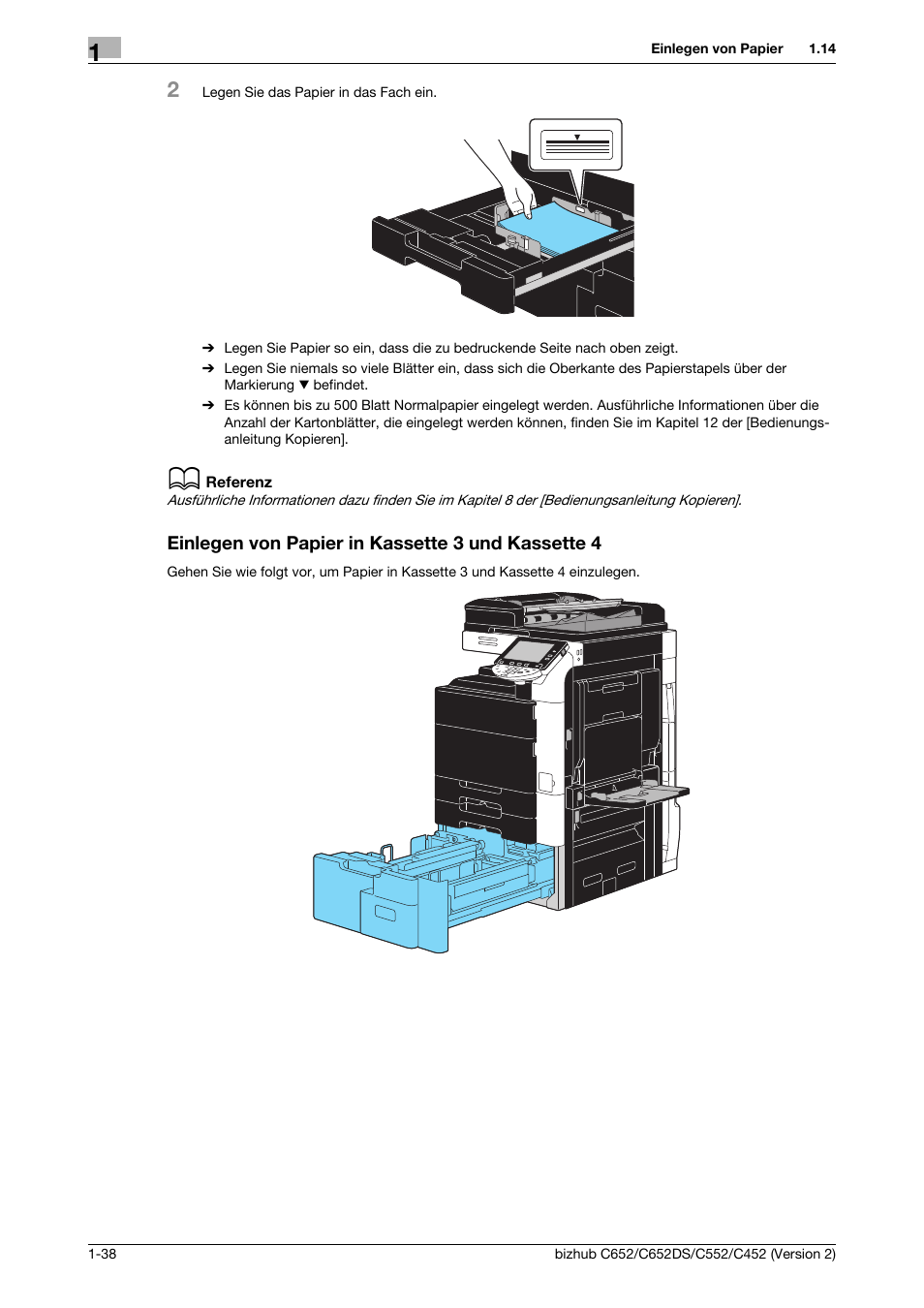 Einlegen von papier in kassette 3 und kassette 4 | Konica Minolta BIZHUB C652DS User Manual | Page 62 / 338
