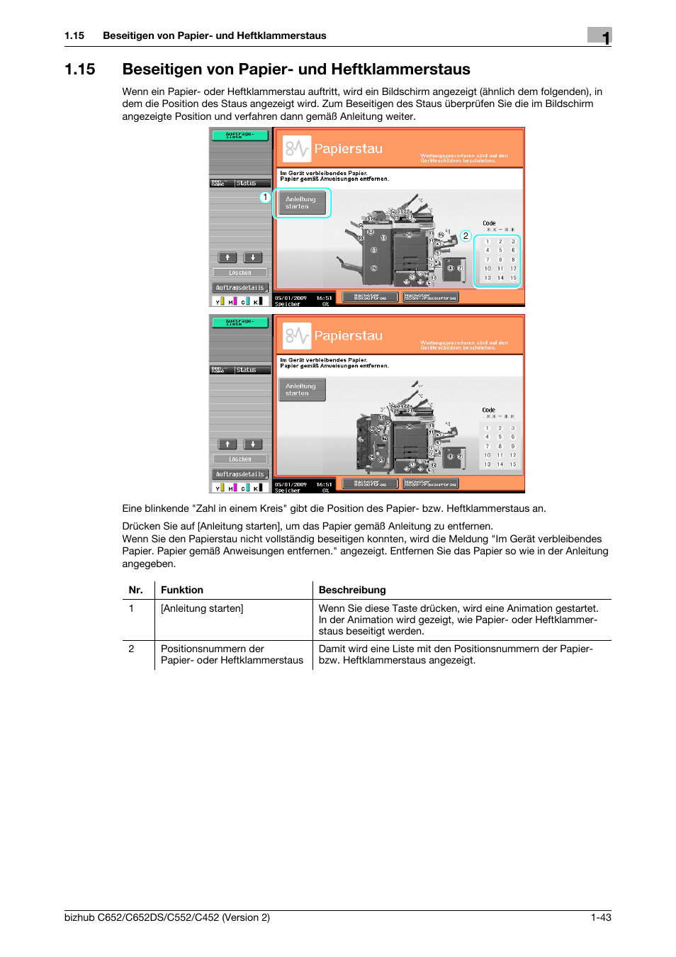 15 beseitigen von papier- und heftklammerstaus, Beseitigen von papier- und heftklammerstaus -43 | Konica Minolta BIZHUB C652DS User Manual | Page 67 / 338