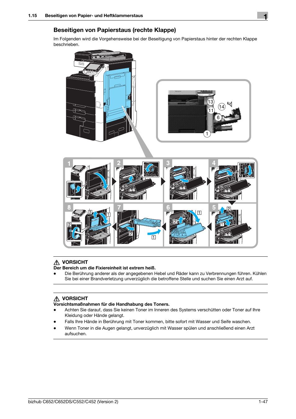 Beseitigen von papierstaus (rechte klappe), Beseitigen von papierstaus (rechte klappe) -47 | Konica Minolta BIZHUB C652DS User Manual | Page 71 / 338