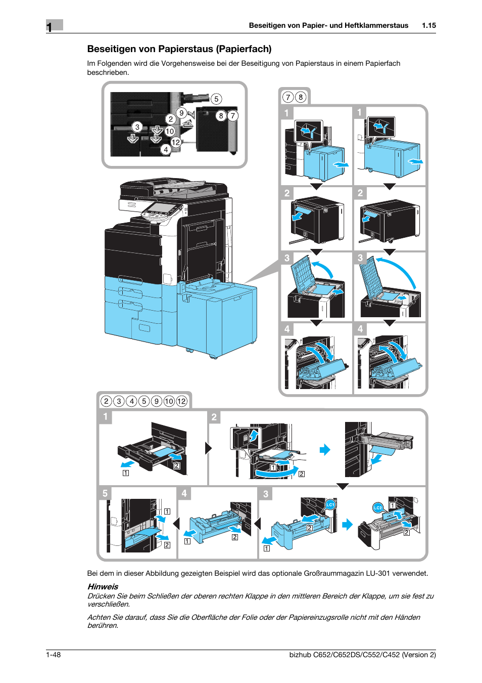 Beseitigen von papierstaus (papierfach), Beseitigen von papierstaus (papierfach) -48, Bis seite 1-48 di | Konica Minolta BIZHUB C652DS User Manual | Page 72 / 338