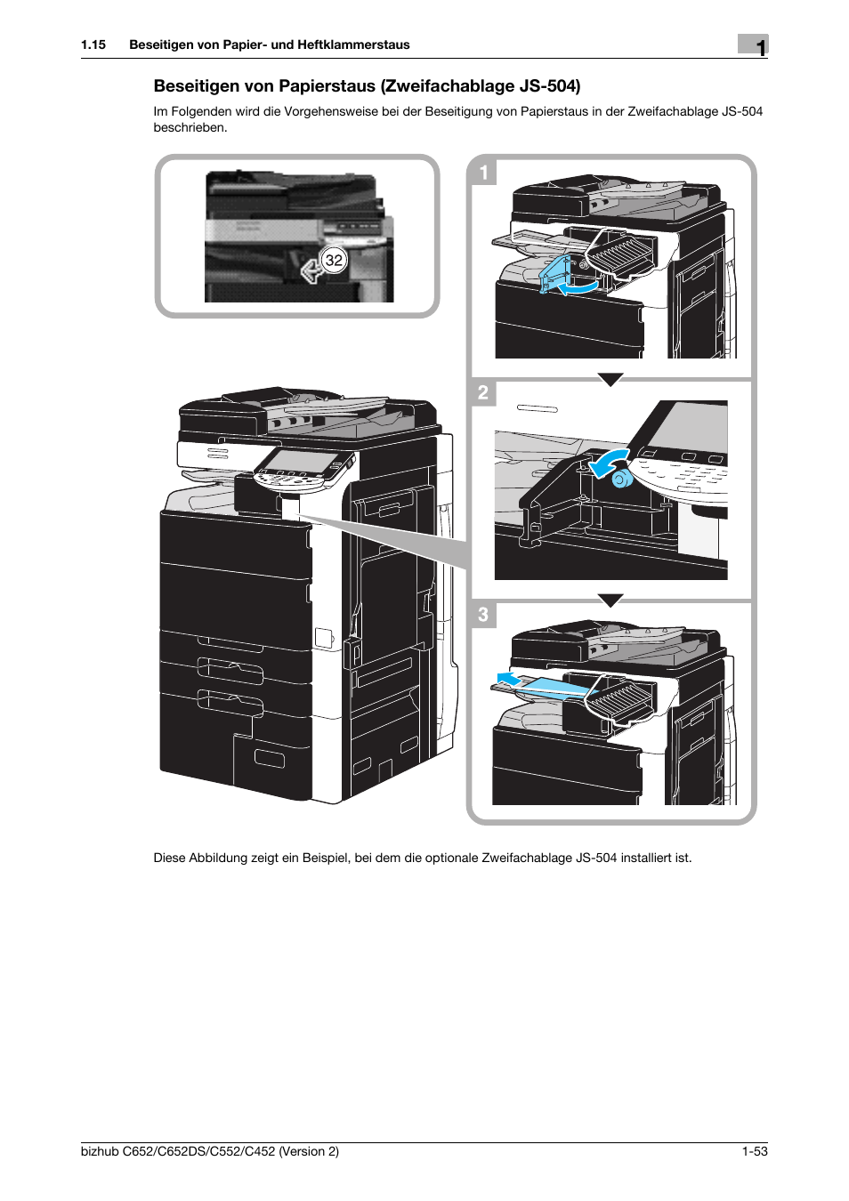 Beseitigen von papierstaus (zweifachablage js-504), Uf seite 1-53 di | Konica Minolta BIZHUB C652DS User Manual | Page 77 / 338