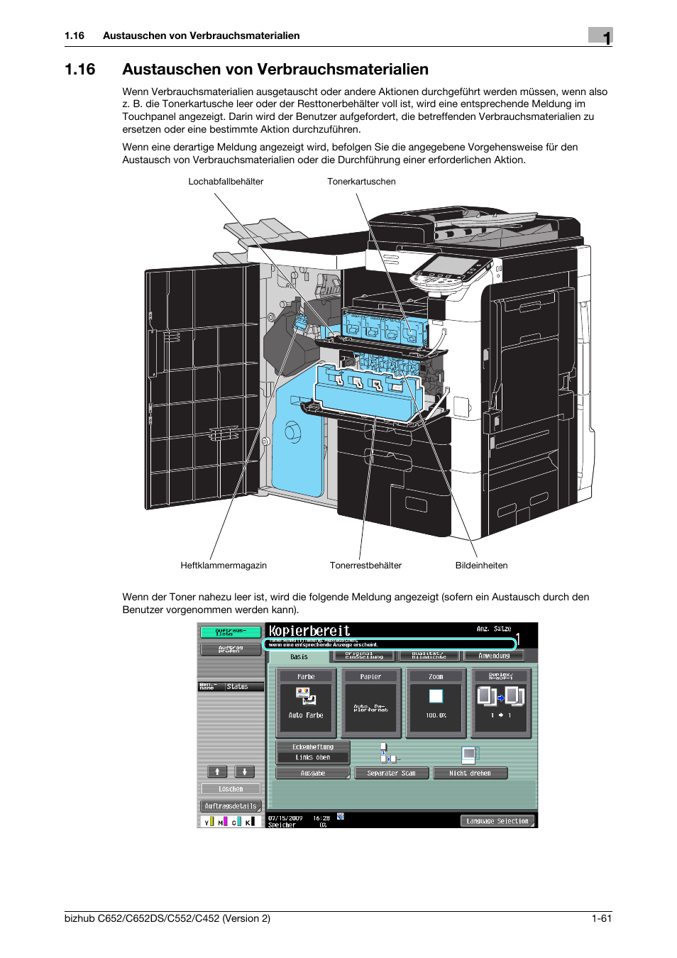 16 austauschen von verbrauchsmaterialien, Austauschen von verbrauchsmaterialien -61 | Konica Minolta BIZHUB C652DS User Manual | Page 85 / 338