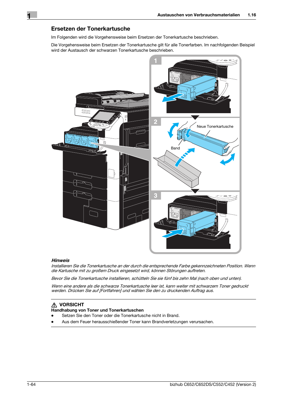 Ersetzen der tonerkartusche, Ersetzen der tonerkartusche -64 | Konica Minolta BIZHUB C652DS User Manual | Page 88 / 338