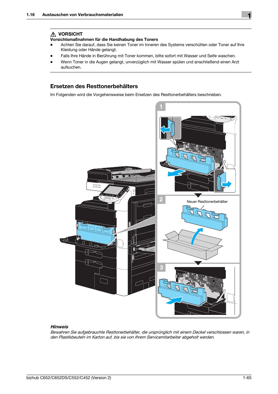 Ersetzen des resttonerbehälters, Ersetzen des resttonerbehälters -65 | Konica Minolta BIZHUB C652DS User Manual | Page 89 / 338