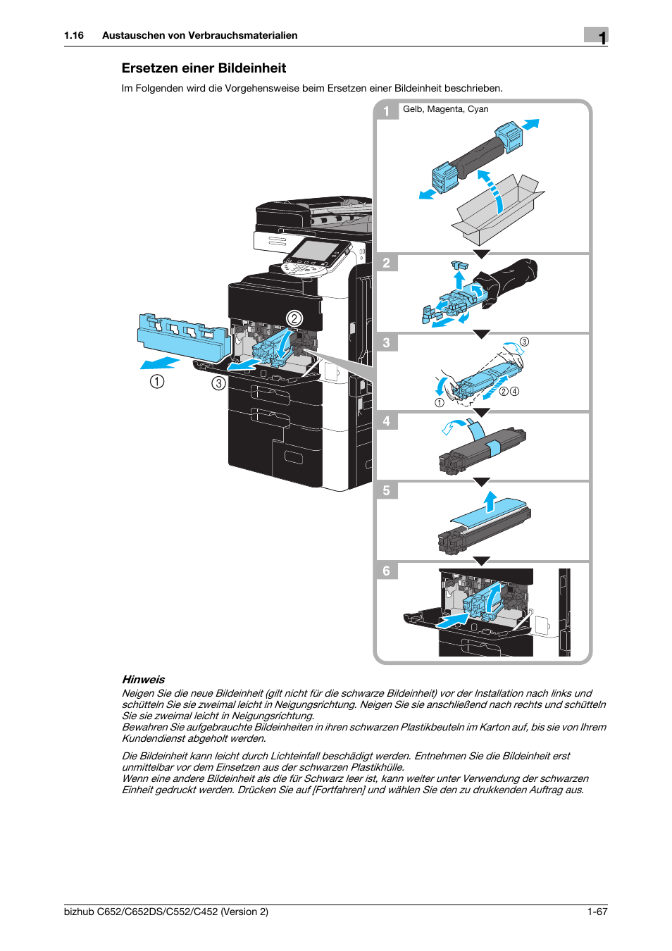 Ersetzen einer bildeinheit, Ersetzen einer bildeinheit -67 | Konica Minolta BIZHUB C652DS User Manual | Page 91 / 338