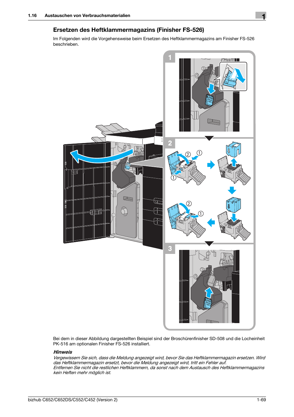Ersetzen des heftklammermagazins (finisher fs-526), Seite 1-69 dieser | Konica Minolta BIZHUB C652DS User Manual | Page 93 / 338