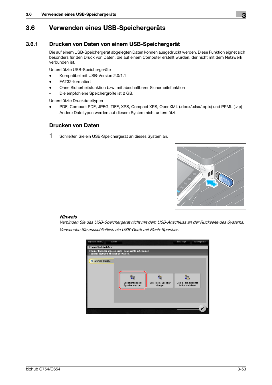 6 verwenden eines usb-speichergeräts, 1 drucken von daten von einem usb-speichergerät, Drucken von daten | Verwenden eines usb-speichergeräts -53 | Konica Minolta bizhub C654 User Manual | Page 113 / 134