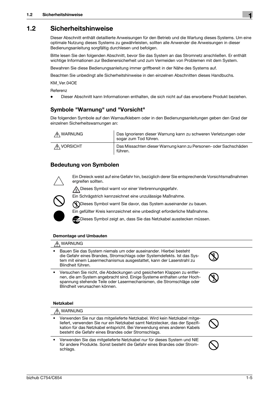 2 sicherheitshinweise, Symbole "warnung" und "vorsicht, Bedeutung von symbolen | Konica Minolta bizhub C654 User Manual | Page 13 / 134