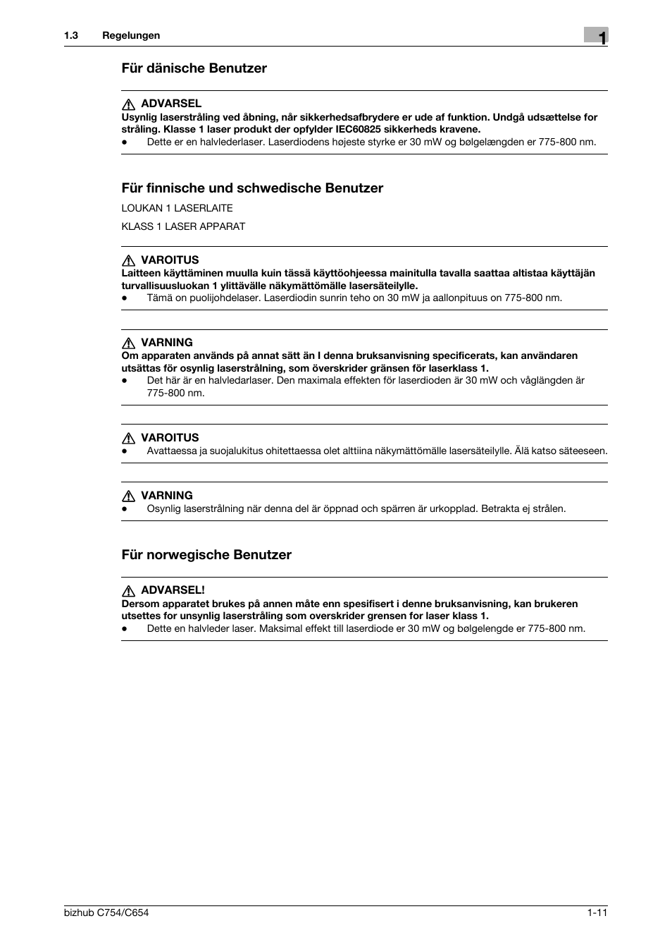 Für dänische benutzer, Für finnische und schwedische benutzer, Für norwegische benutzer | Konica Minolta bizhub C654 User Manual | Page 19 / 134