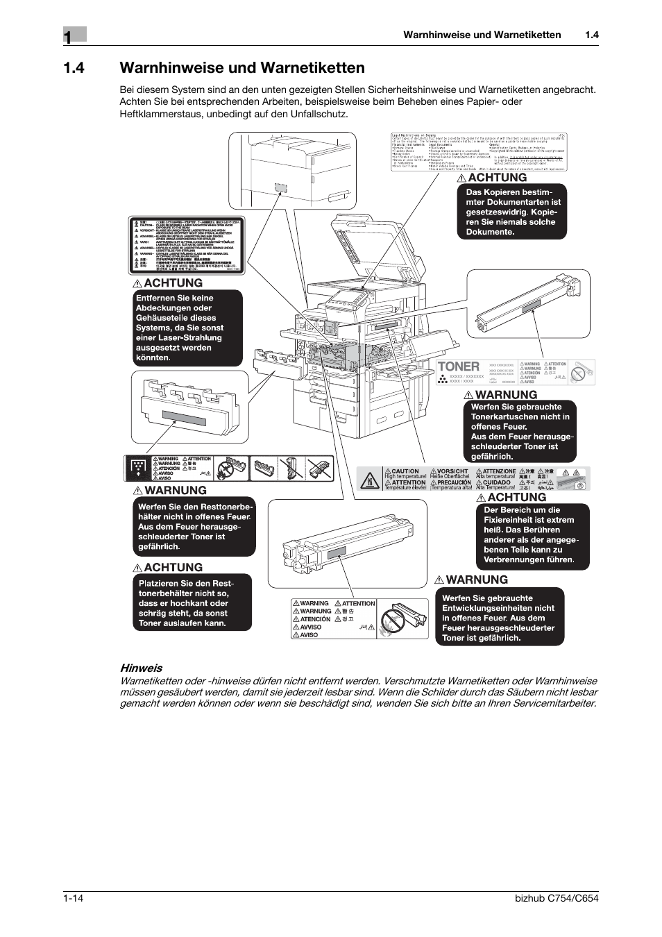 4 warnhinweise und warnetiketten, Warnhinweise und warnetiketten -14 | Konica Minolta bizhub C654 User Manual | Page 22 / 134