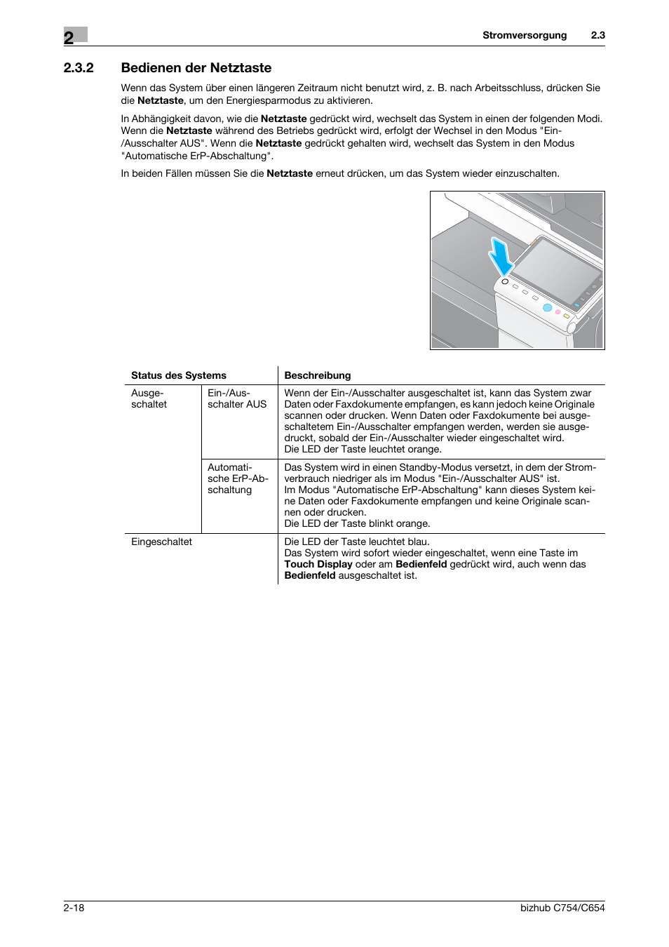 2 bedienen der netztaste, Bedienen der netztaste -18 | Konica Minolta bizhub C654 User Manual | Page 46 / 134