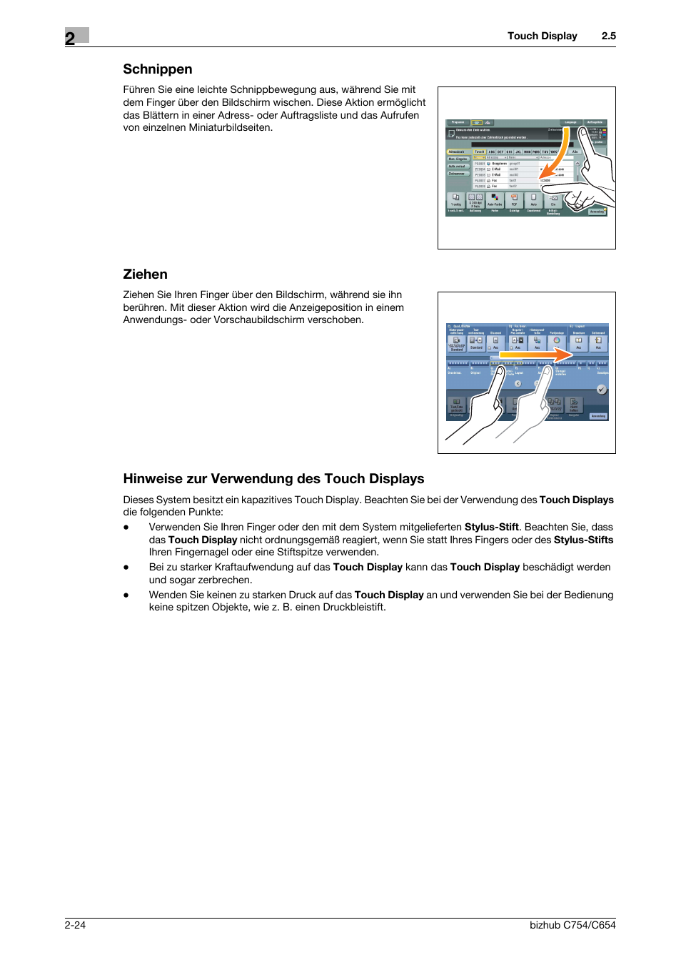 Schnippen, Ziehen, Hinweise zur verwendung des touch displays | Konica Minolta bizhub C654 User Manual | Page 52 / 134