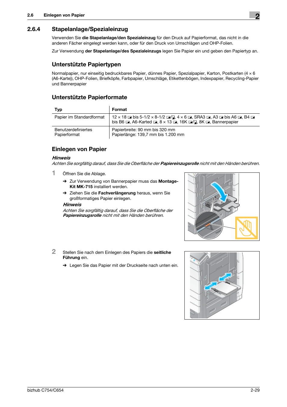 4 stapelanlage/spezialeinzug, Unterstützte papiertypen, Unterstützte papierformate | Einlegen von papier | Konica Minolta bizhub C654 User Manual | Page 57 / 134