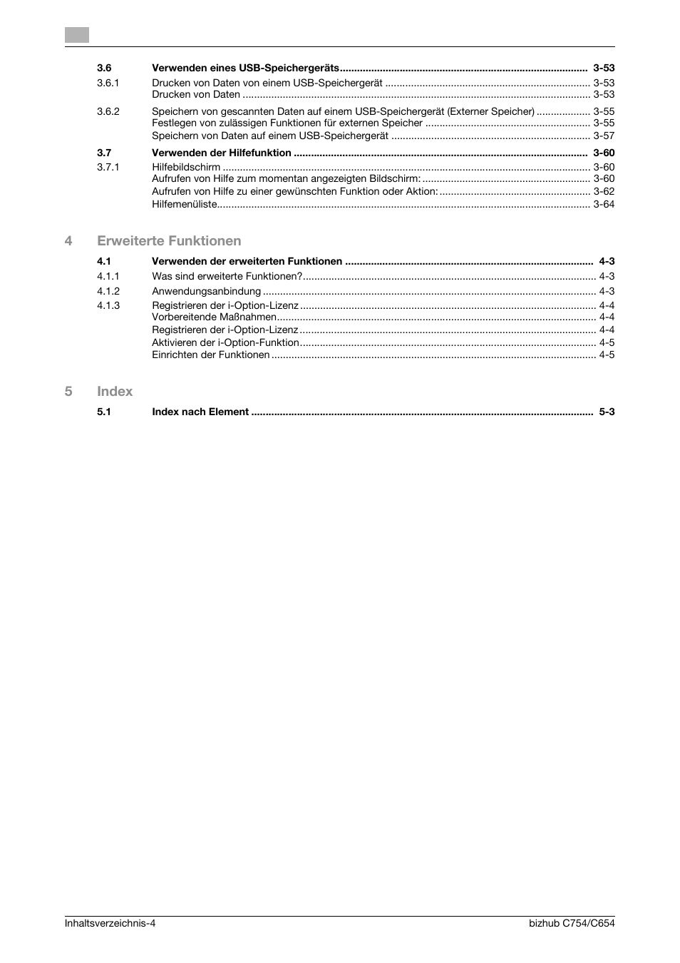 4erweiterte funktionen, 5index | Konica Minolta bizhub C654 User Manual | Page 8 / 134