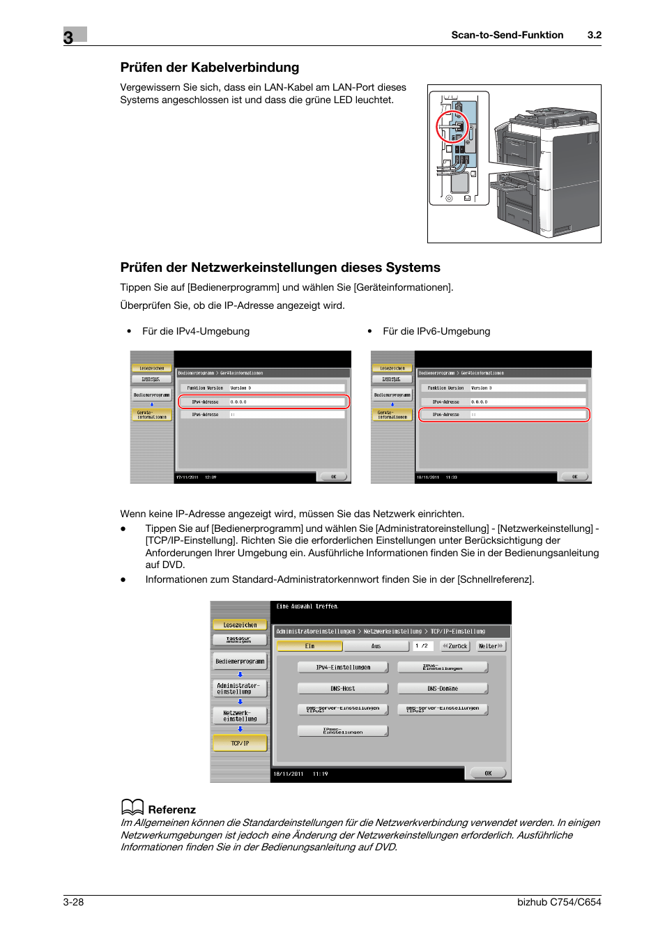 Prüfen der kabelverbindung, Prüfen der netzwerkeinstellungen dieses systems, Seite 3-28 | Konica Minolta bizhub C654 User Manual | Page 88 / 134