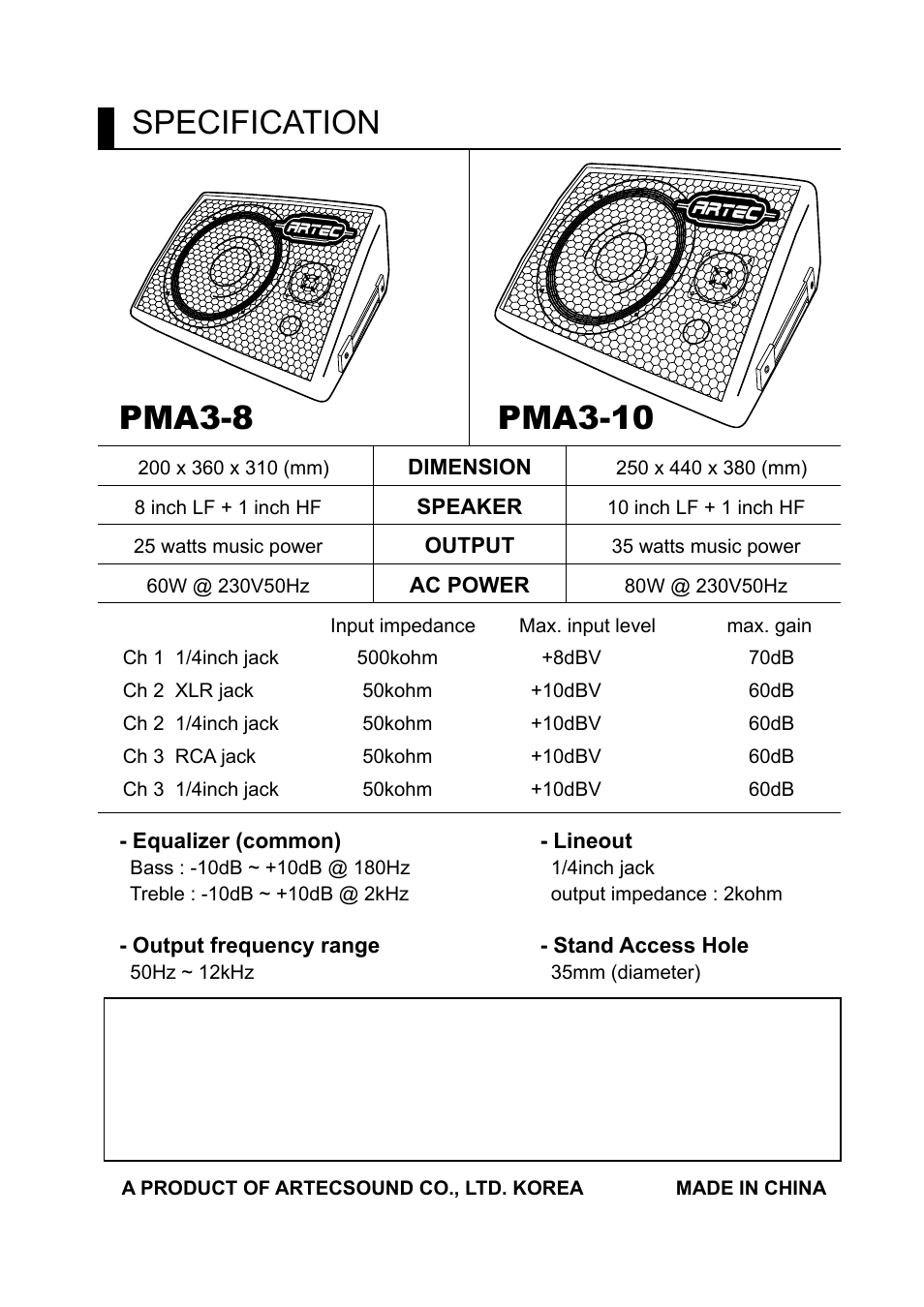 Specification | Artech USA PMA3-10 User Manual | Page 4 / 4