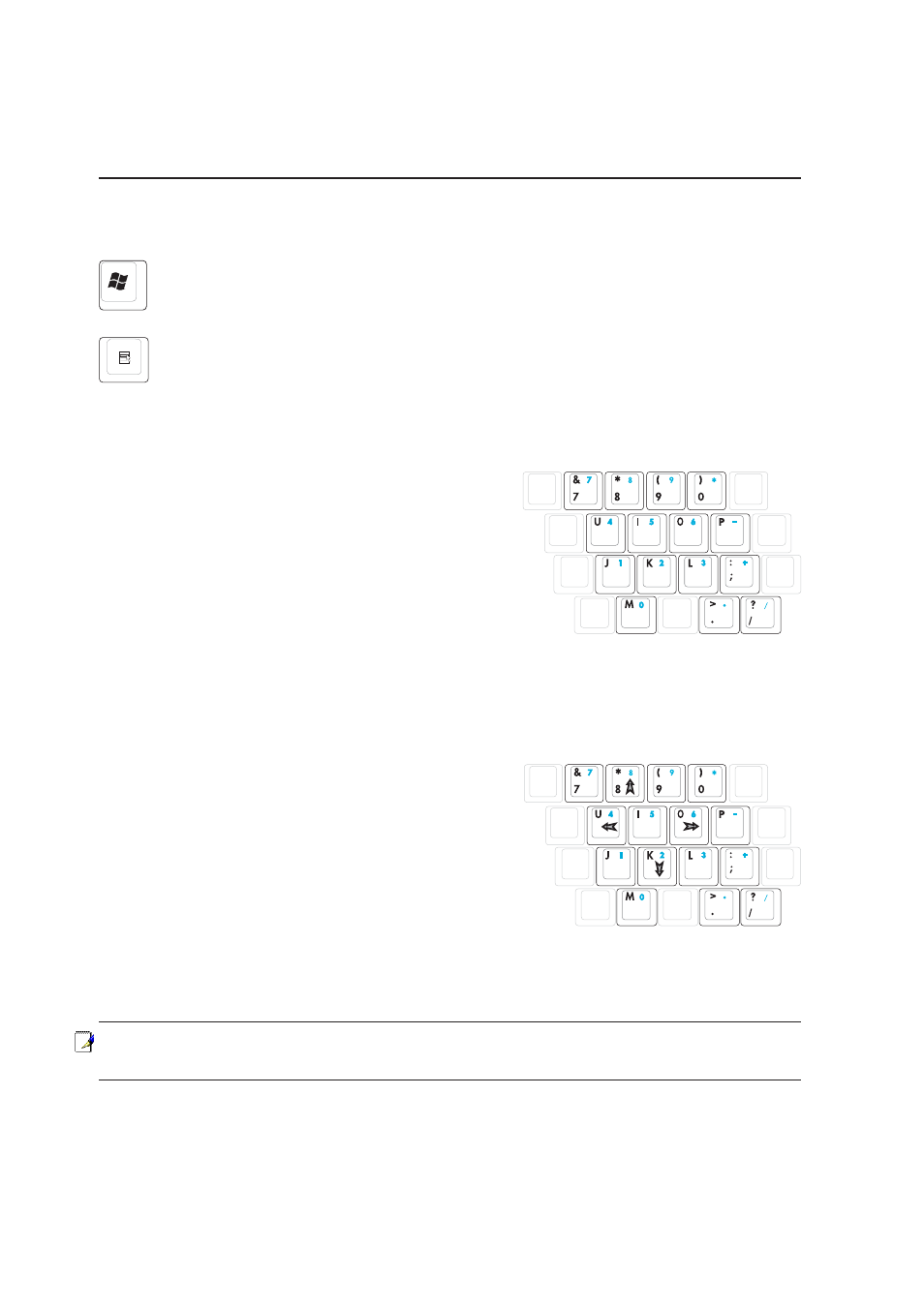 Microsoft windows keys, Keyboard as a numeric keypad, Keyboard as cursors | Getting started | Asus E2521 User Manual | Page 30 / 71