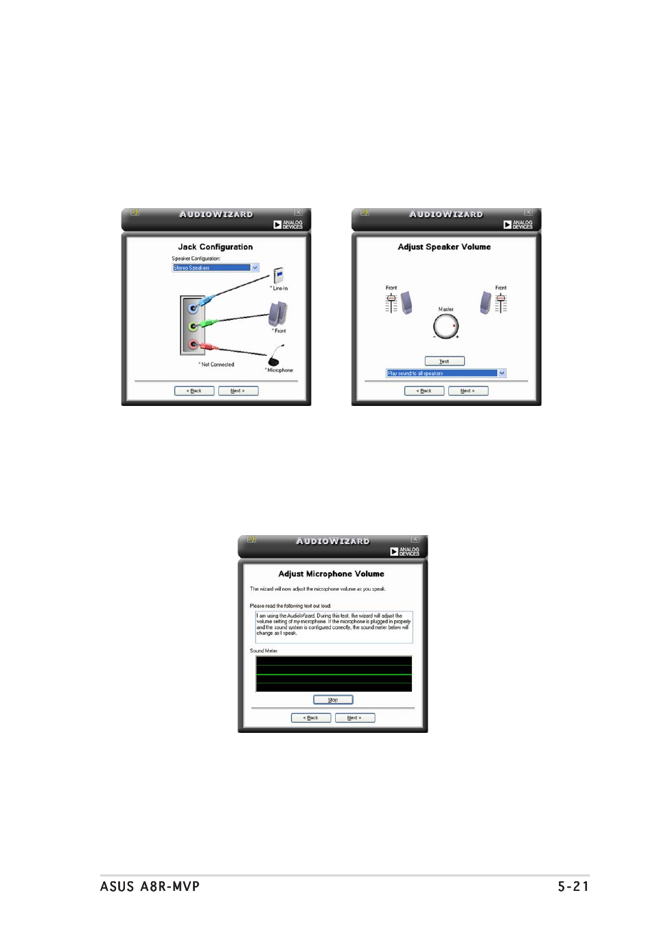 Jack configuration, Adjust speaker volume, Adjust microphone volume | Asus A8R-MVP User Manual | Page 123 / 150