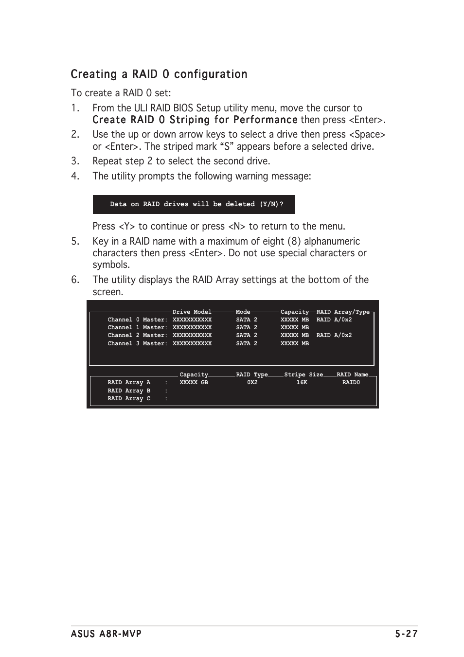 Creating a raid 0 configuration | Asus A8R-MVP User Manual | Page 129 / 150