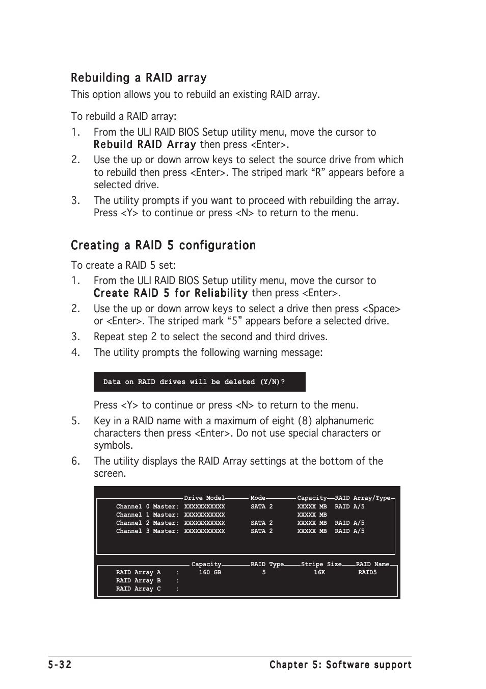 Rebuilding a raid array, Creating a raid 5 configuration | Asus A8R-MVP User Manual | Page 134 / 150