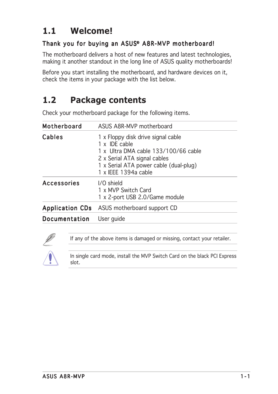 1 welcome, 2 package contents | Asus A8R-MVP User Manual | Page 15 / 150