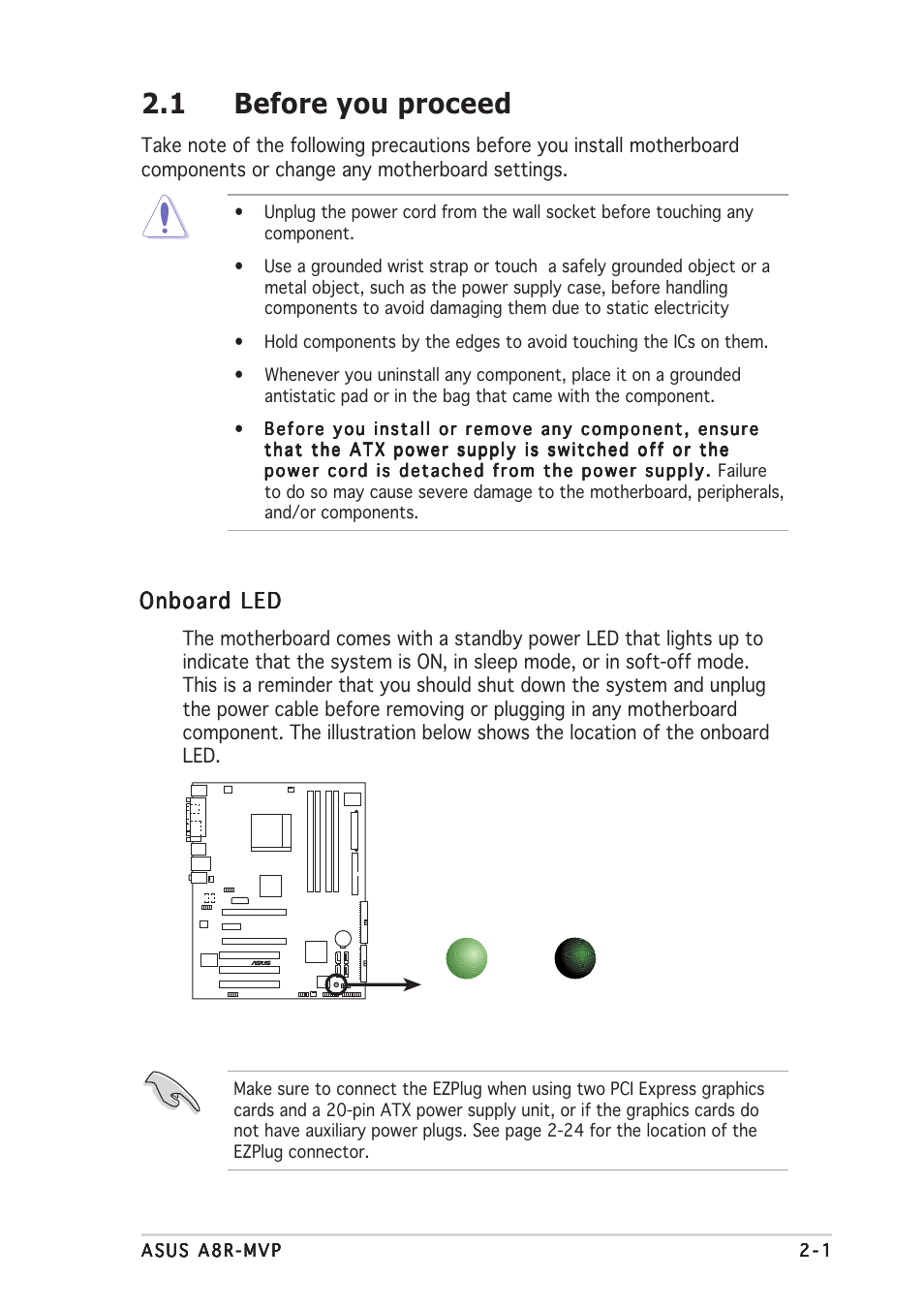 1 before you proceed, Onboard led | Asus A8R-MVP User Manual | Page 23 / 150