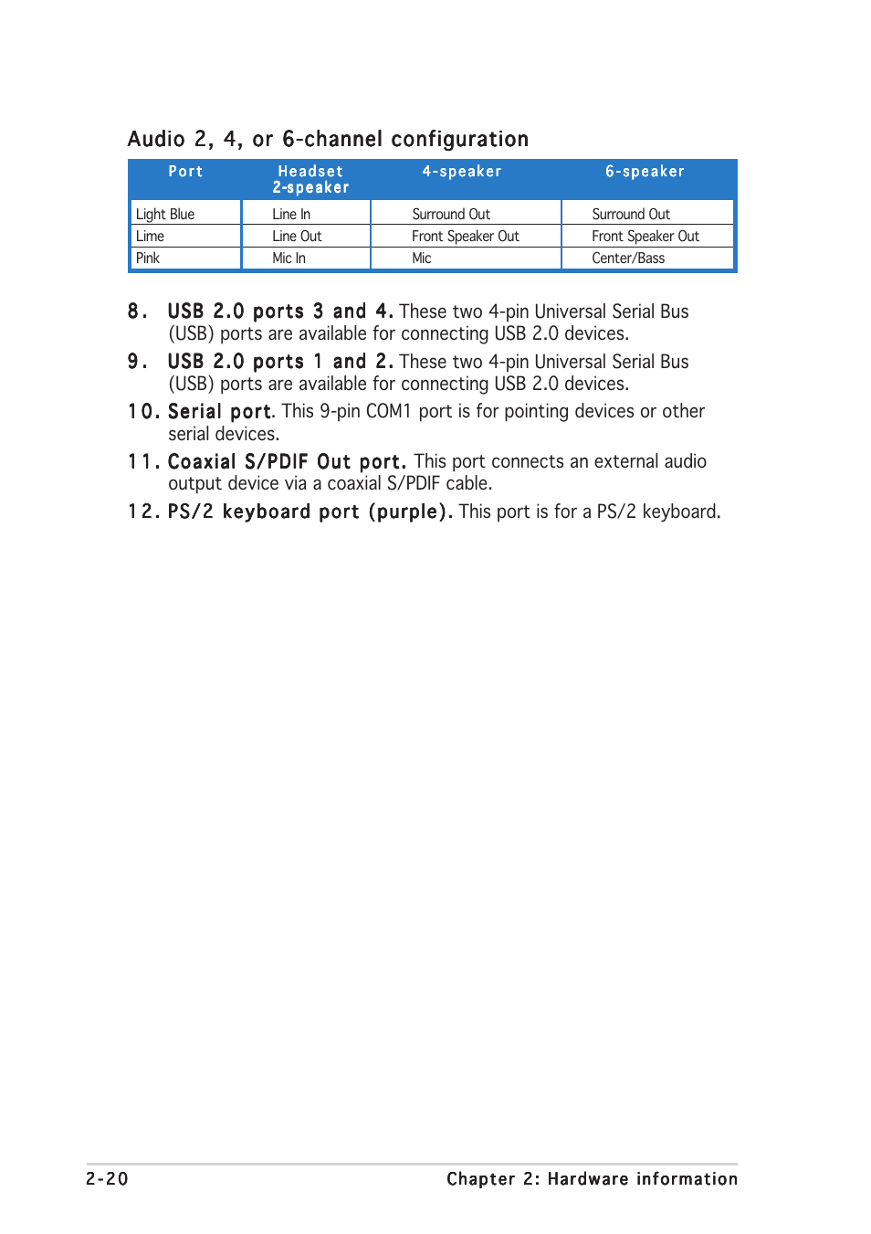 Audio 2, 4, or 6-channel configuration | Asus A8R-MVP User Manual | Page 42 / 150