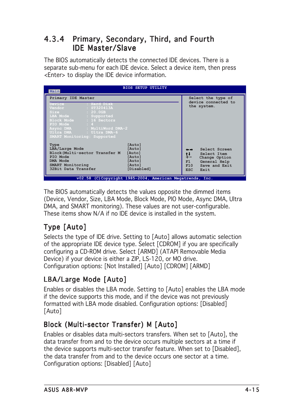 Type [auto, Lba/large mode [auto, Block (multi-sector transfer) m [auto | Asus A8R-MVP User Manual | Page 71 / 150