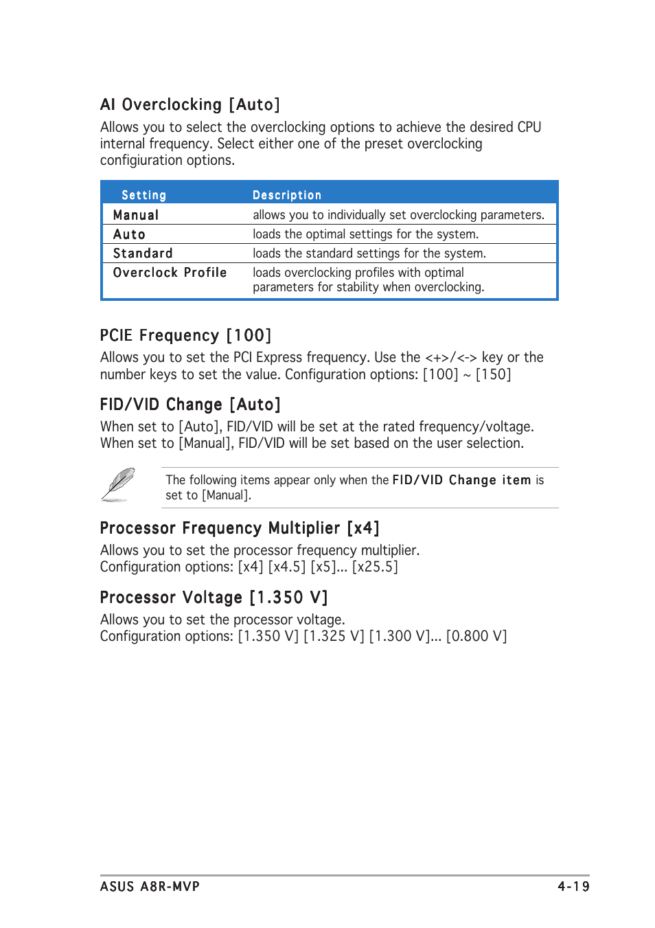 Pcie frequency [100, Fid/vid change [auto, Processor frequency multiplier [x4 | Processor voltage [1.350 v, Ai overclocking [auto | Asus A8R-MVP User Manual | Page 75 / 150