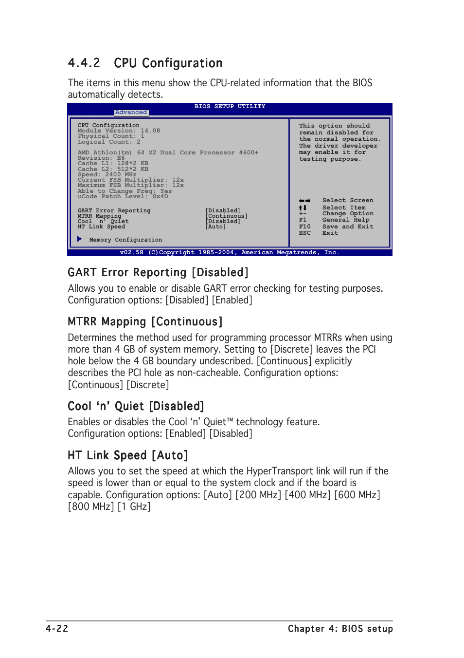 Gart error reporting, Mtrr mapping [continuous, Cool ‘n’ quiet | Ht link speed [auto | Asus A8R-MVP User Manual | Page 78 / 150