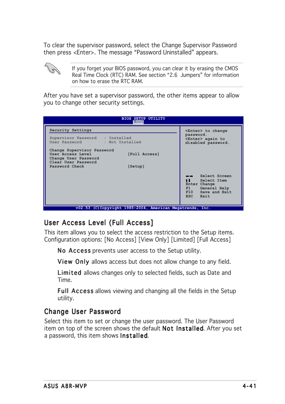 User access level (full access, Change user password | Asus A8R-MVP User Manual | Page 97 / 150