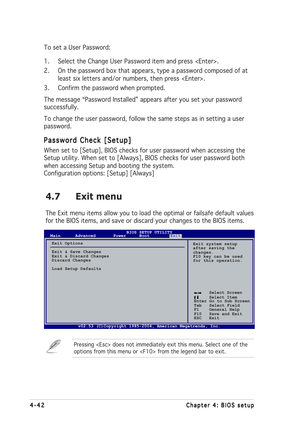 7 exit menu, Password check [setup | Asus A8R-MVP User Manual | Page 98 / 150