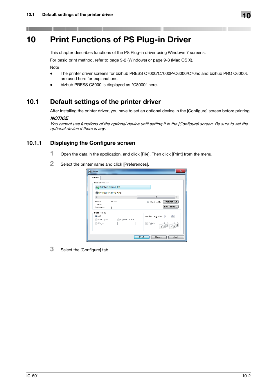 10 print functions of ps plug-in driver, 1 default settings of the printer driver, 1 displaying the configure screen | Print functions of ps plug-in driver, Default settings of the printer driver -2, Displaying the configure screen -2 | Konica Minolta bizhub PRESS C70hc User Manual | Page 103 / 249