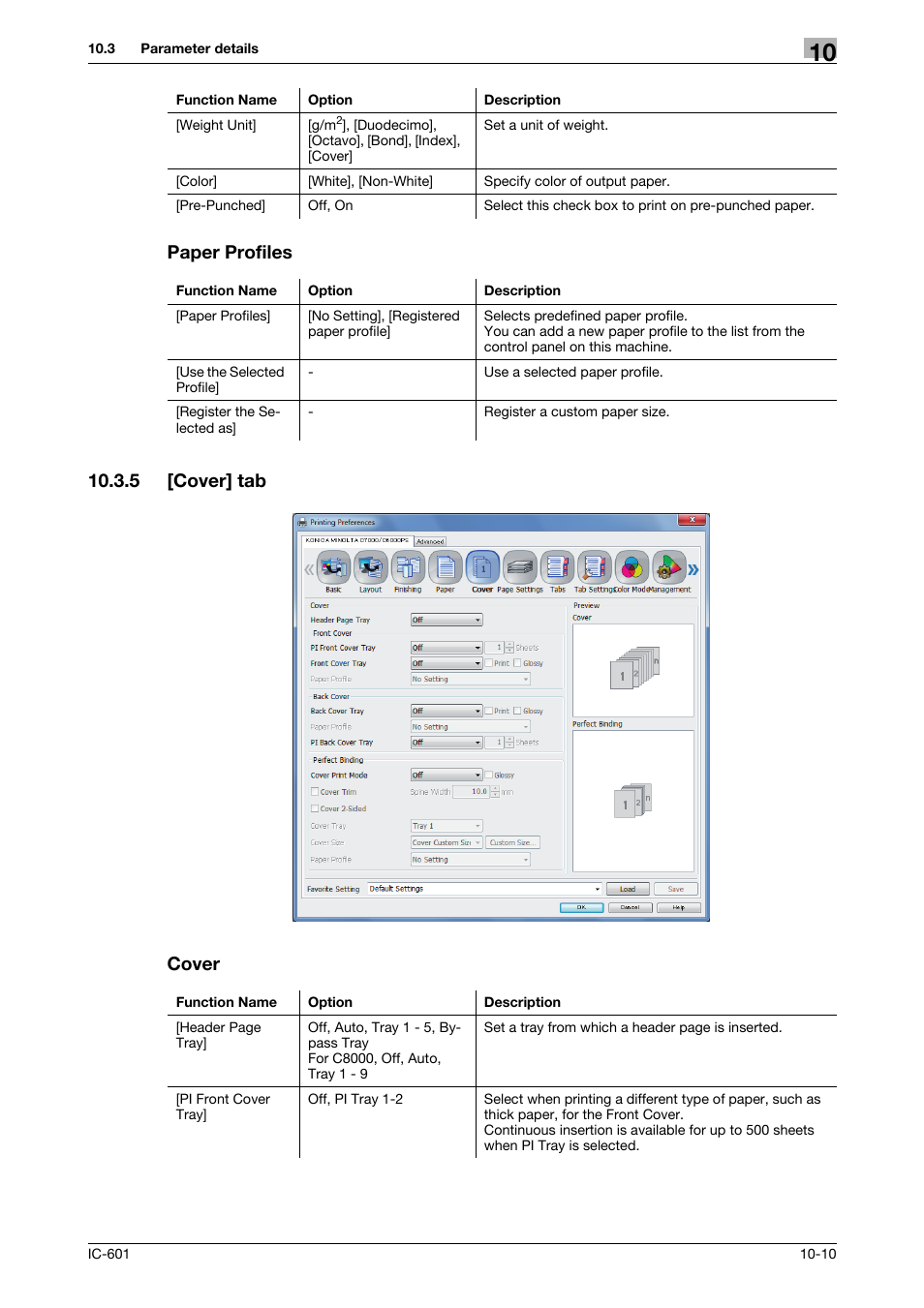 Paper profiles, 5 [cover] tab, Cover | Cover] tab -10, P. 10-10, Paper profiles 10.3.5 [cover] tab cover | Konica Minolta bizhub PRESS C70hc User Manual | Page 111 / 249