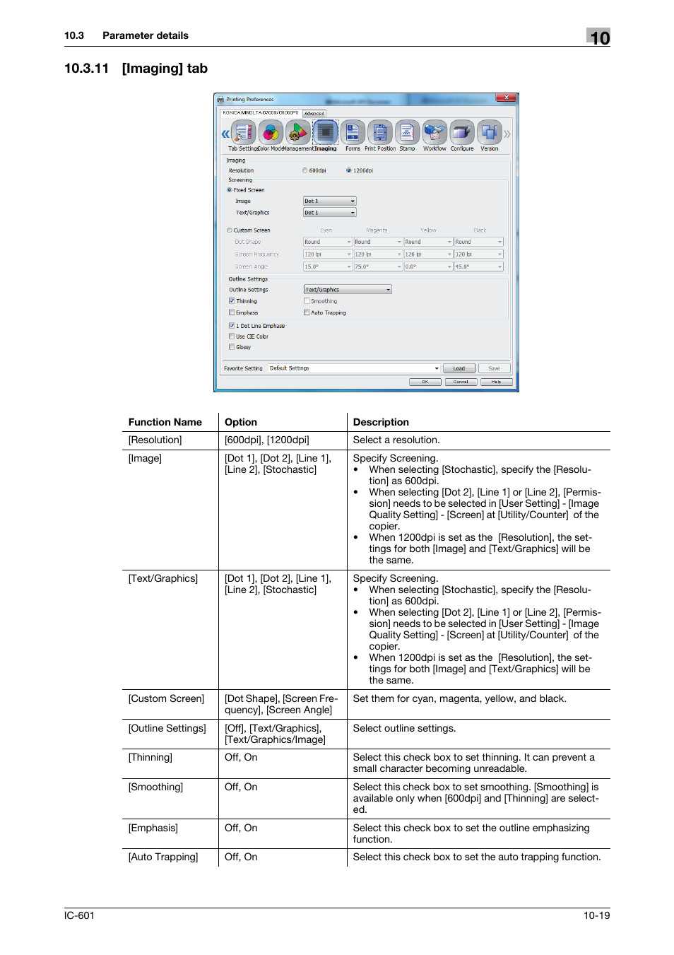 11 [imaging] tab, Imaging] tab -19, P. 10-19 | Konica Minolta bizhub PRESS C70hc User Manual | Page 120 / 249