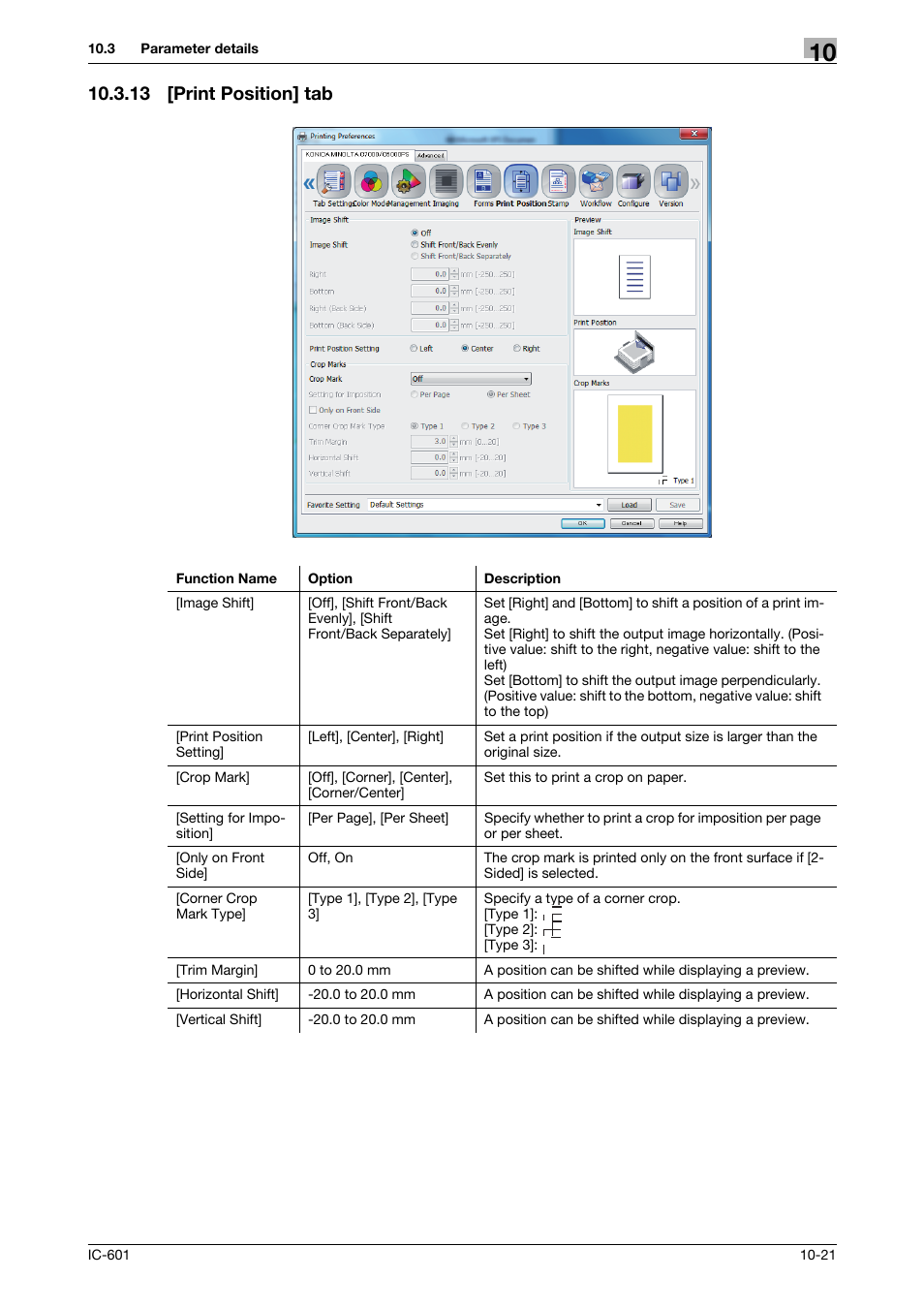 13 [print position] tab, Print position] tab -21, P. 10-21 | Konica Minolta bizhub PRESS C70hc User Manual | Page 122 / 249