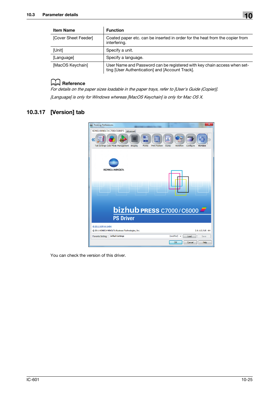 17 [version] tab, Version] tab -25 | Konica Minolta bizhub PRESS C70hc User Manual | Page 126 / 249