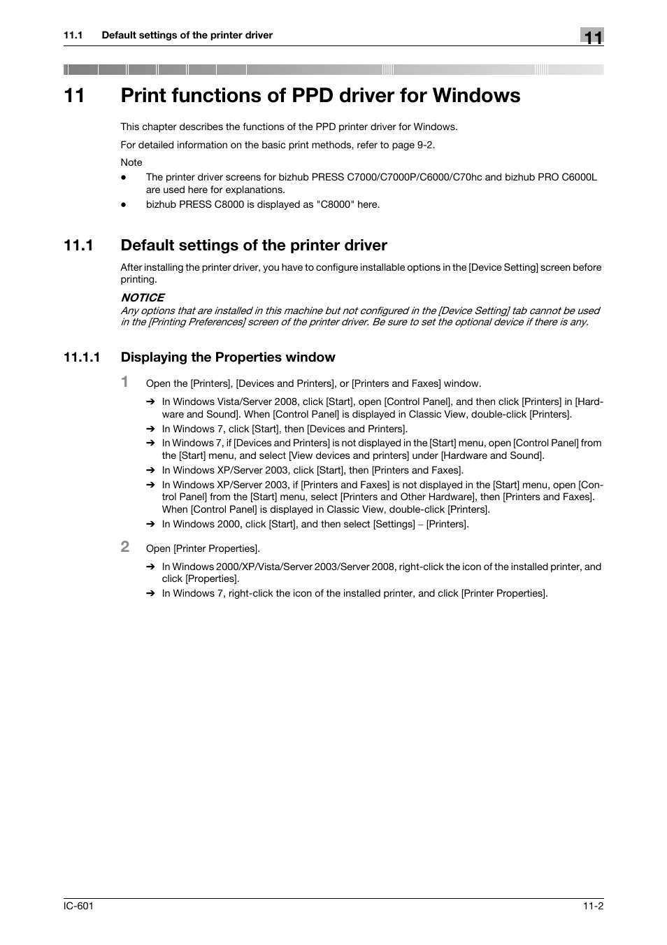 11 print functions of ppd driver for windows, 1 default settings of the printer driver, 1 displaying the properties window | Print functions of ppd driver for windows, Default settings of the printer driver -2, Displaying the properties window -2 | Konica Minolta bizhub PRESS C70hc User Manual | Page 129 / 249