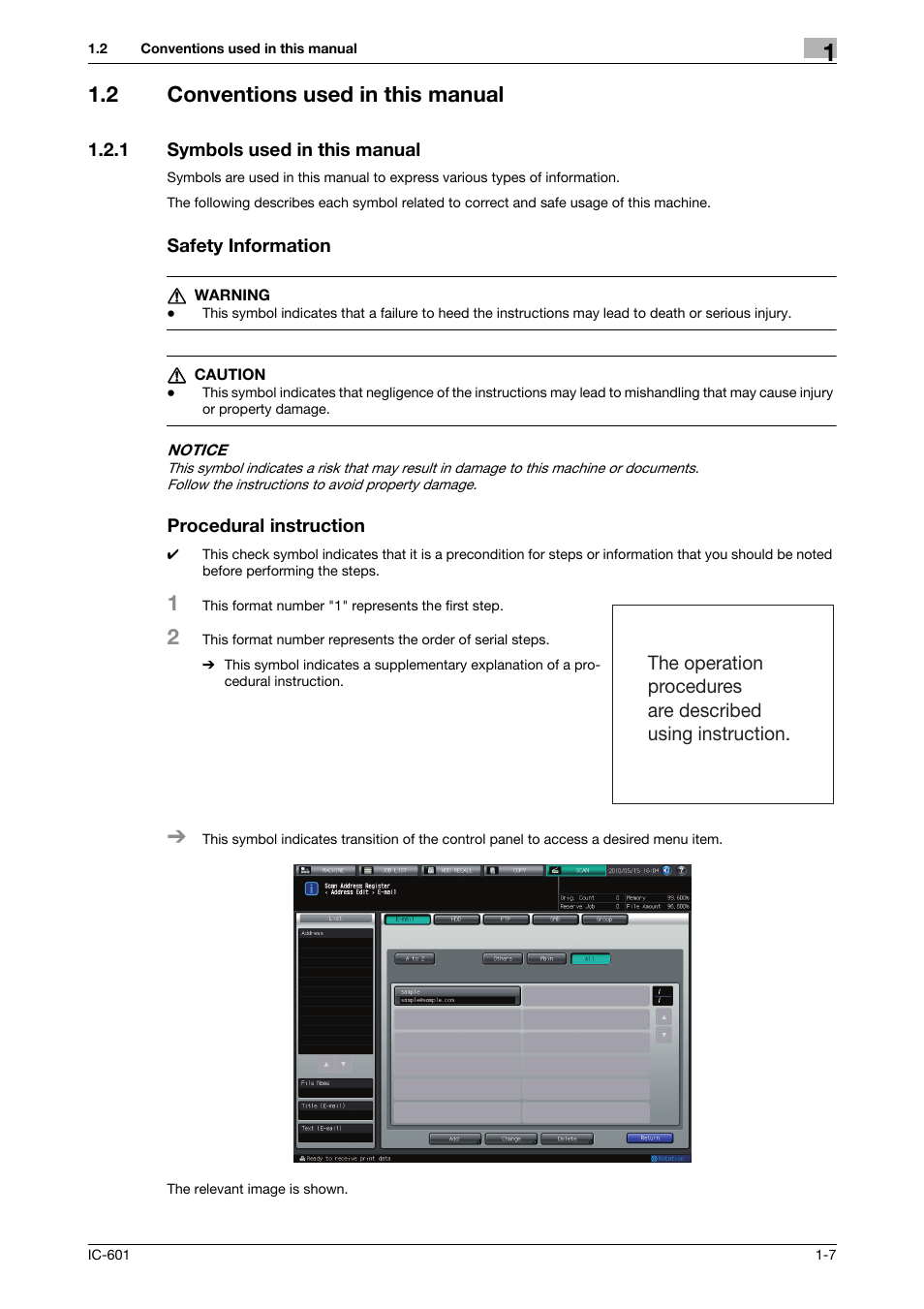 2 conventions used in this manual, 1 symbols used in this manual, Safety information | Procedural instruction, Conventions used in this manual -7, Symbols used in this manual -7 | Konica Minolta bizhub PRESS C70hc User Manual | Page 13 / 249